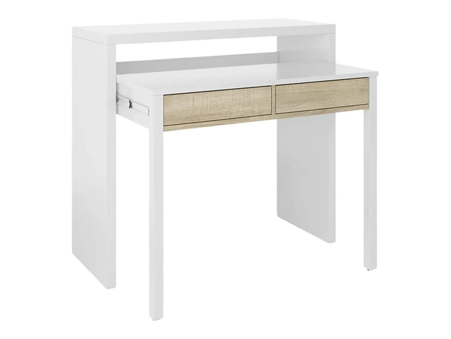 Secretária Damodi, Secretária com tampo extensível, Secretária para PC com 2 gavetas, 99x36h88 cm, Branco e Carvalho