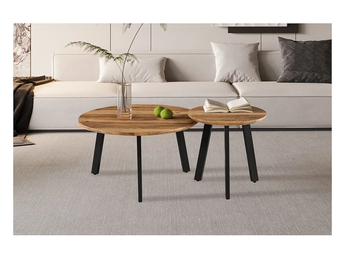Set de 2 mesas de centro TUNIS – Cor madeira de mangueira – MDF & metal – Estilo industrial e harmonioso