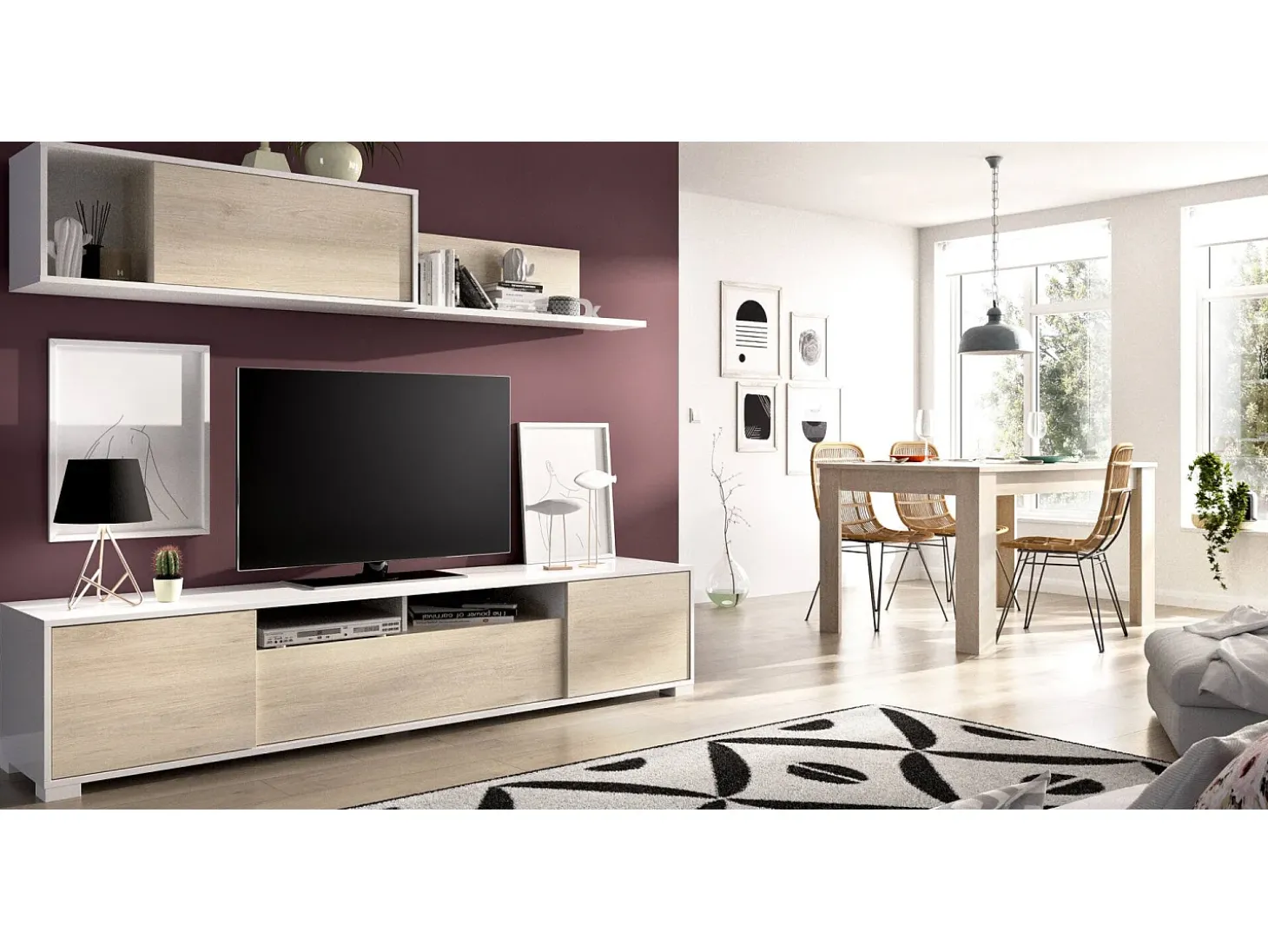 Sistema de parede Dfalcon, móvel de sala de TV, móveis de sala multiuso, 200x41h180 cm, carvalho e branco