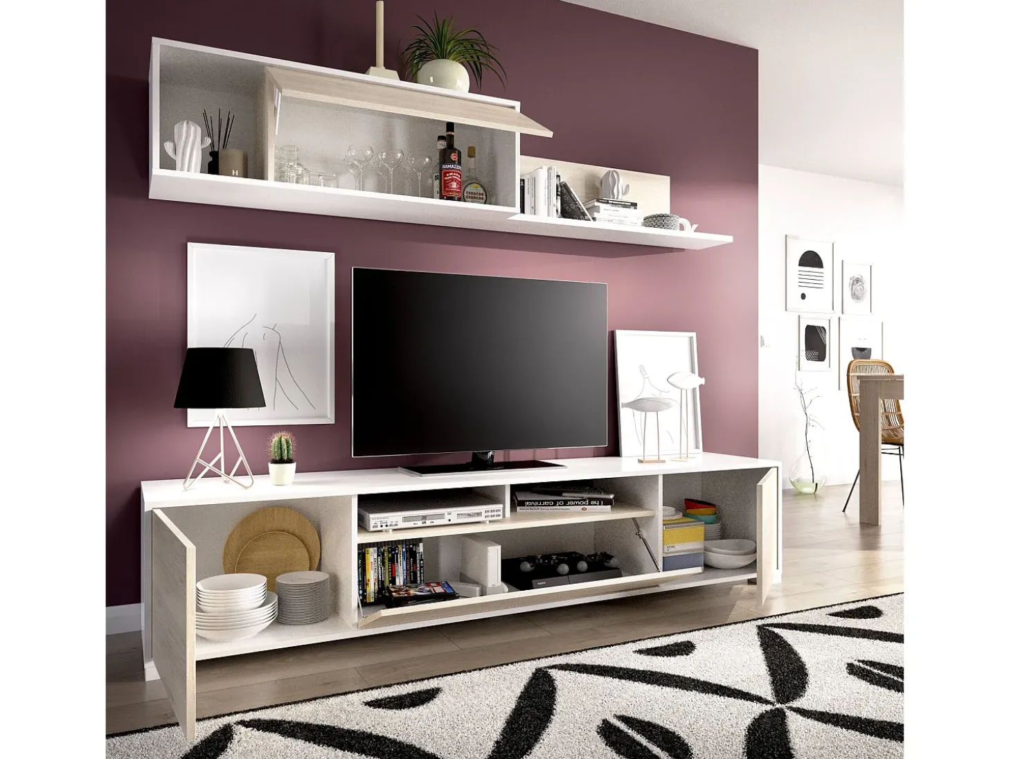 Sistema de parede Dfalcon, móvel de sala de TV, móveis de sala multiuso, 200x41h180 cm, carvalho e branco