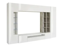 Sistema de parede Dlazzar, móvel de sala de TV, móveis de sala multiuso com luz LED, 100% Fabricado na Itália, 290x40h192 cm, Branco brilhante e concreto
