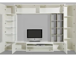 Sistema de parede Dlazzar, móvel de sala de TV, móveis de sala multiuso com luz LED, 100% Fabricado na Itália, 290x40h192 cm, Branco brilhante e concreto