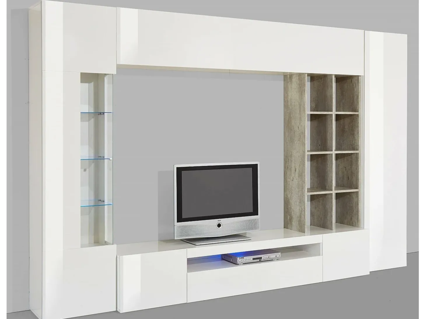 Sistema de parede Dlazzar, móvel de sala de TV, móveis de sala multiuso com luz LED, 100% Fabricado na Itália, 290x40h192 cm, Branco brilhante e concreto