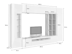 Sistema de parede Dlazzar, móvel de sala de TV, móveis de sala multiuso com luz LED, 100% Fabricado na Itália, 290x40h192 cm, Branco brilhante e concreto