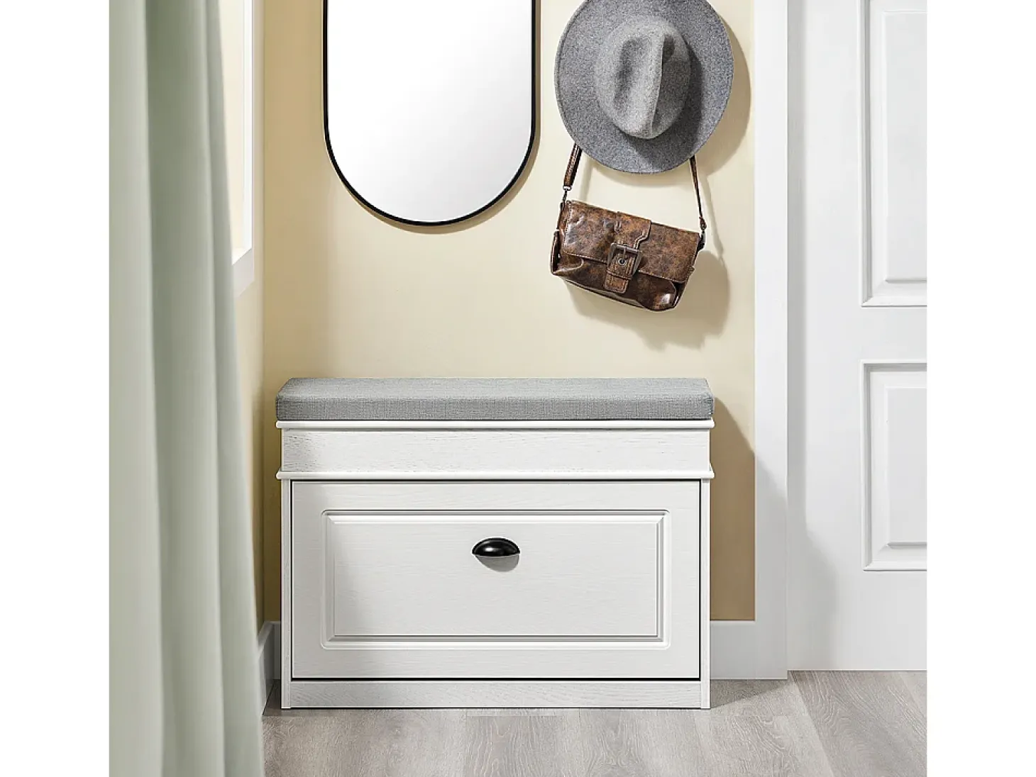 SoBuy Sapateira Fina Economizadora de Espaço com Banco Efeito Madeira Envelhecida Branco 75x24x51cm