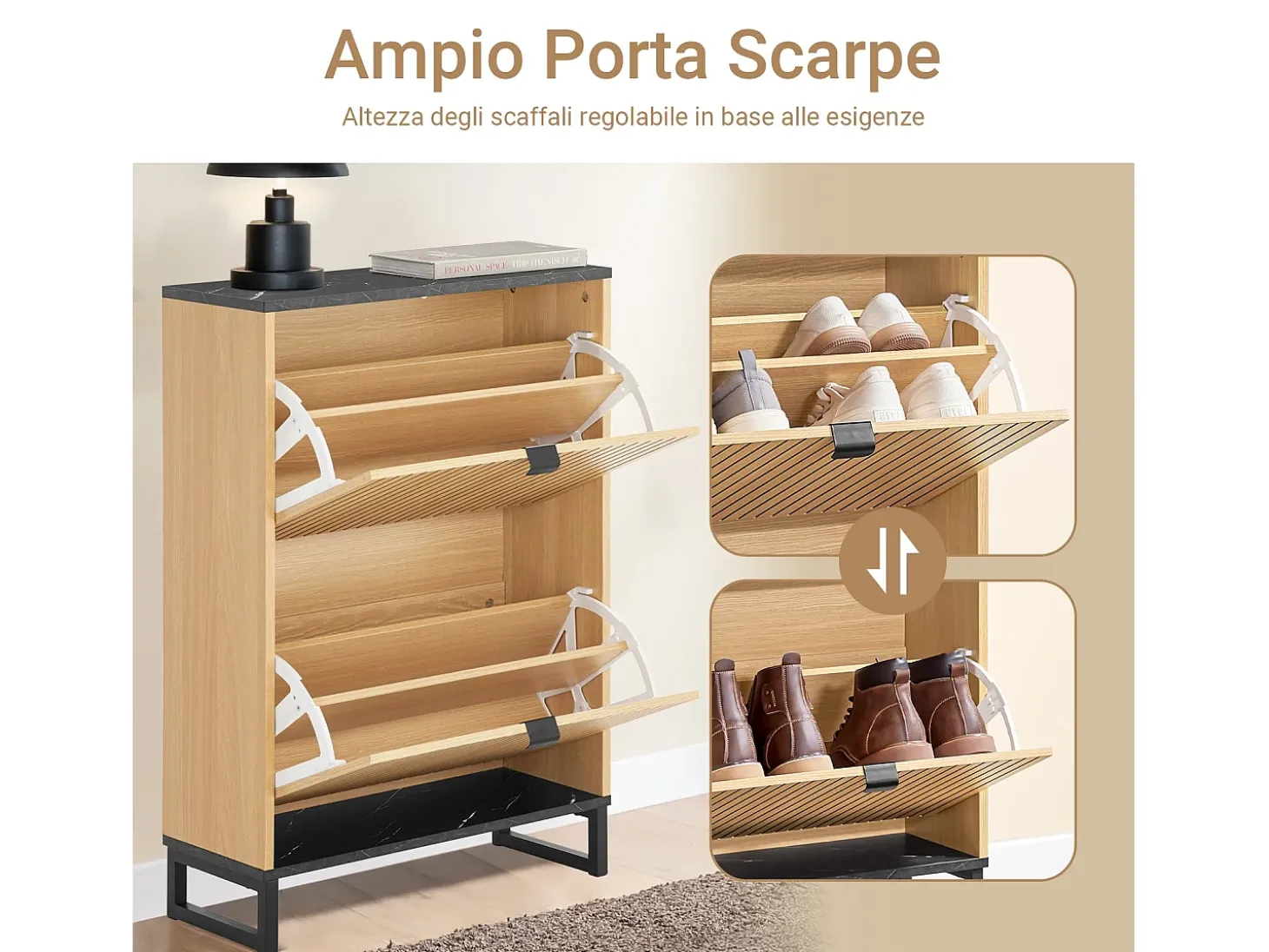 SoBuy Sapateira Slim 2 portas poupa espaço moderna para 8-12 pares estrutura resistente efeito mármore preto e madeira clara 60x24x88cm