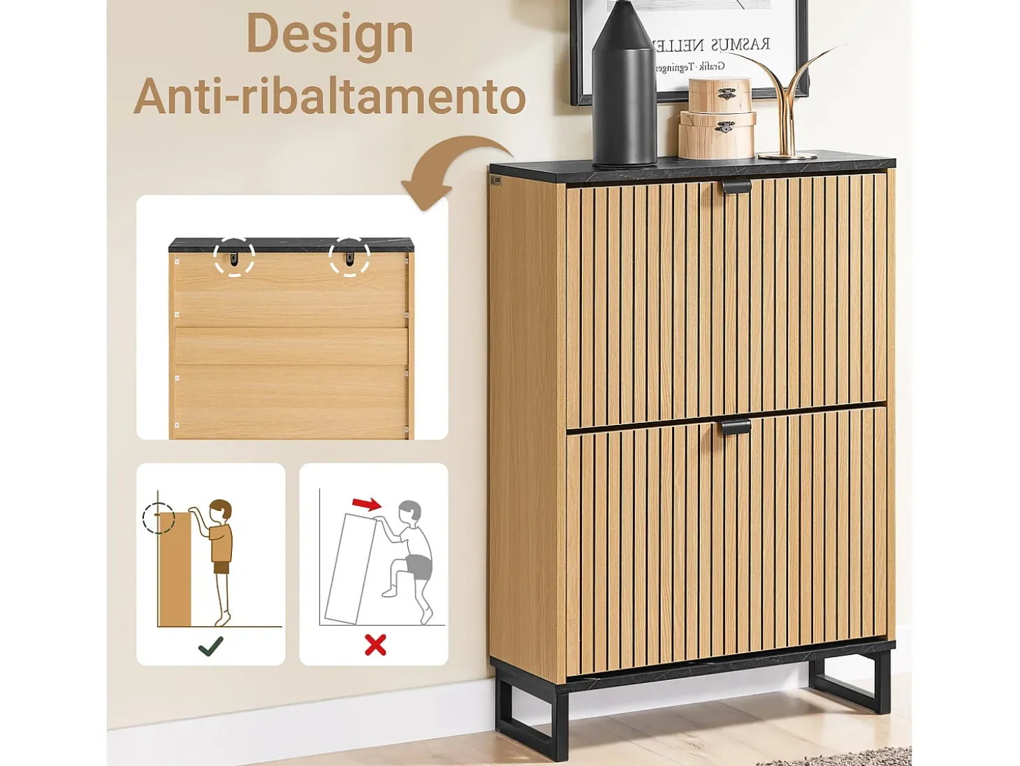 SoBuy Sapateira Slim 2 portas poupa espaço moderna para 8-12 pares estrutura resistente efeito mármore preto e madeira clara 60x24x88cm