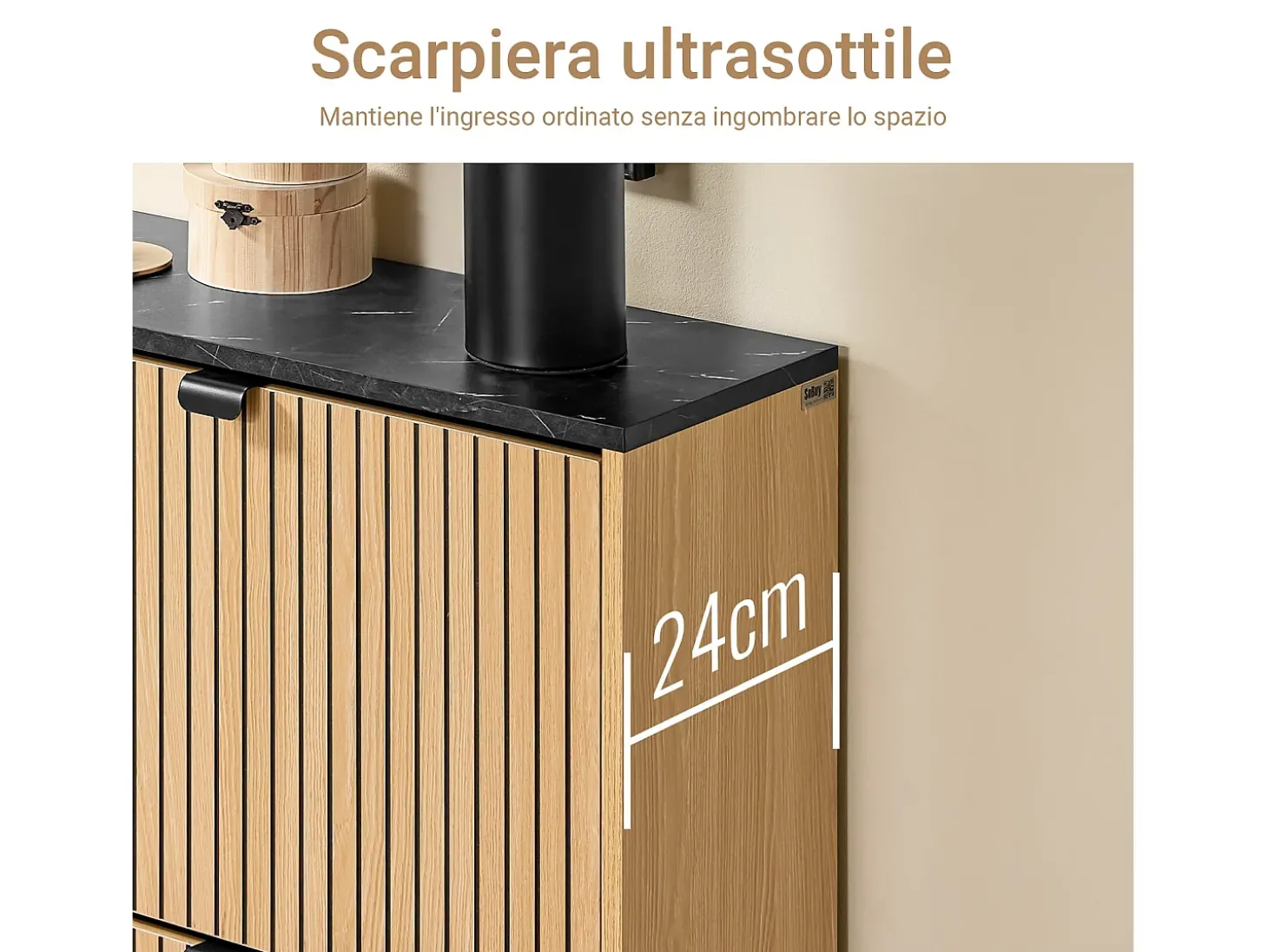 SoBuy Sapateira Slim 2 portas poupa espaço moderna para 8-12 pares estrutura resistente efeito mármore preto e madeira clara 60x24x88cm