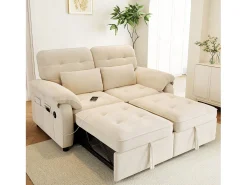 Sofá 3 em 1 - 2 lugares - Sofá dobrável - Encosto ajustável - Porta de carregamento USB - Inclui 2 almofadas - Chenille - bege