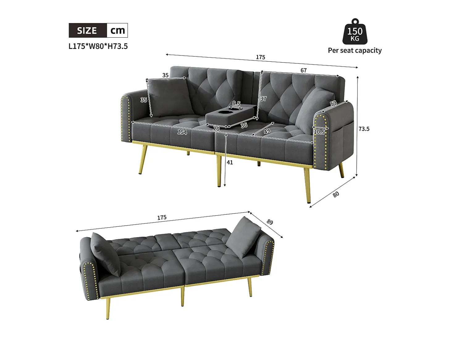 Sofá 2 lugares - com função relax - três posições de inclinação ajustáveis - porta-copos incluído - cinza