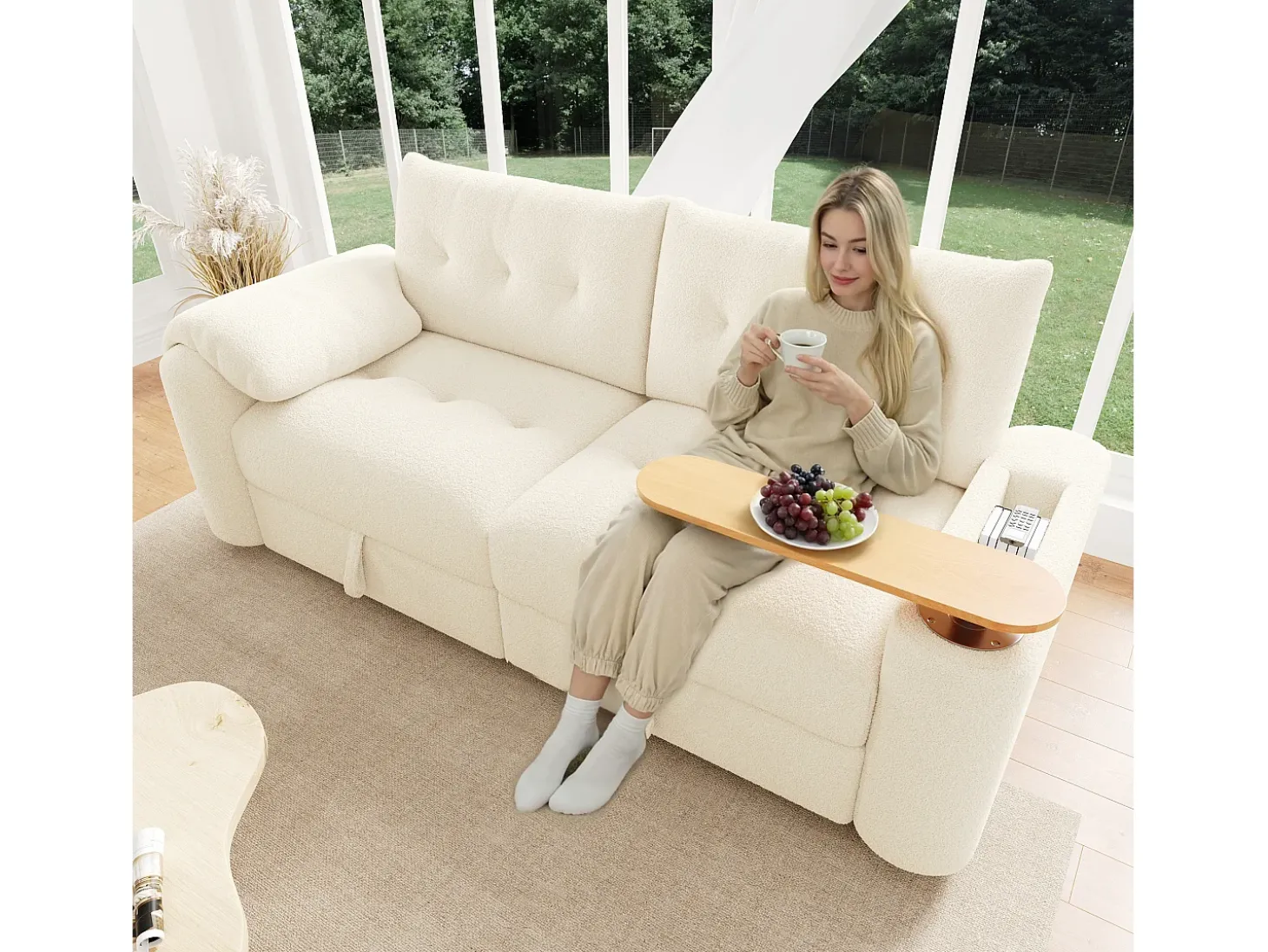 Sofá 3 lugares - con espaço de armazenamento - con apoio de cabeça e mesinha lateral integrada - bege