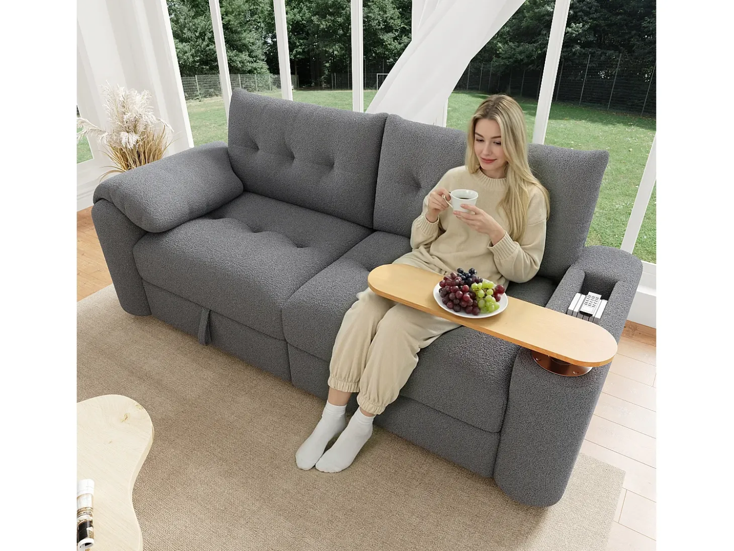 Sofá 3 lugares - con espaço de armazenamento - con apoio de cabeça e mesinha lateral integrada - cinza