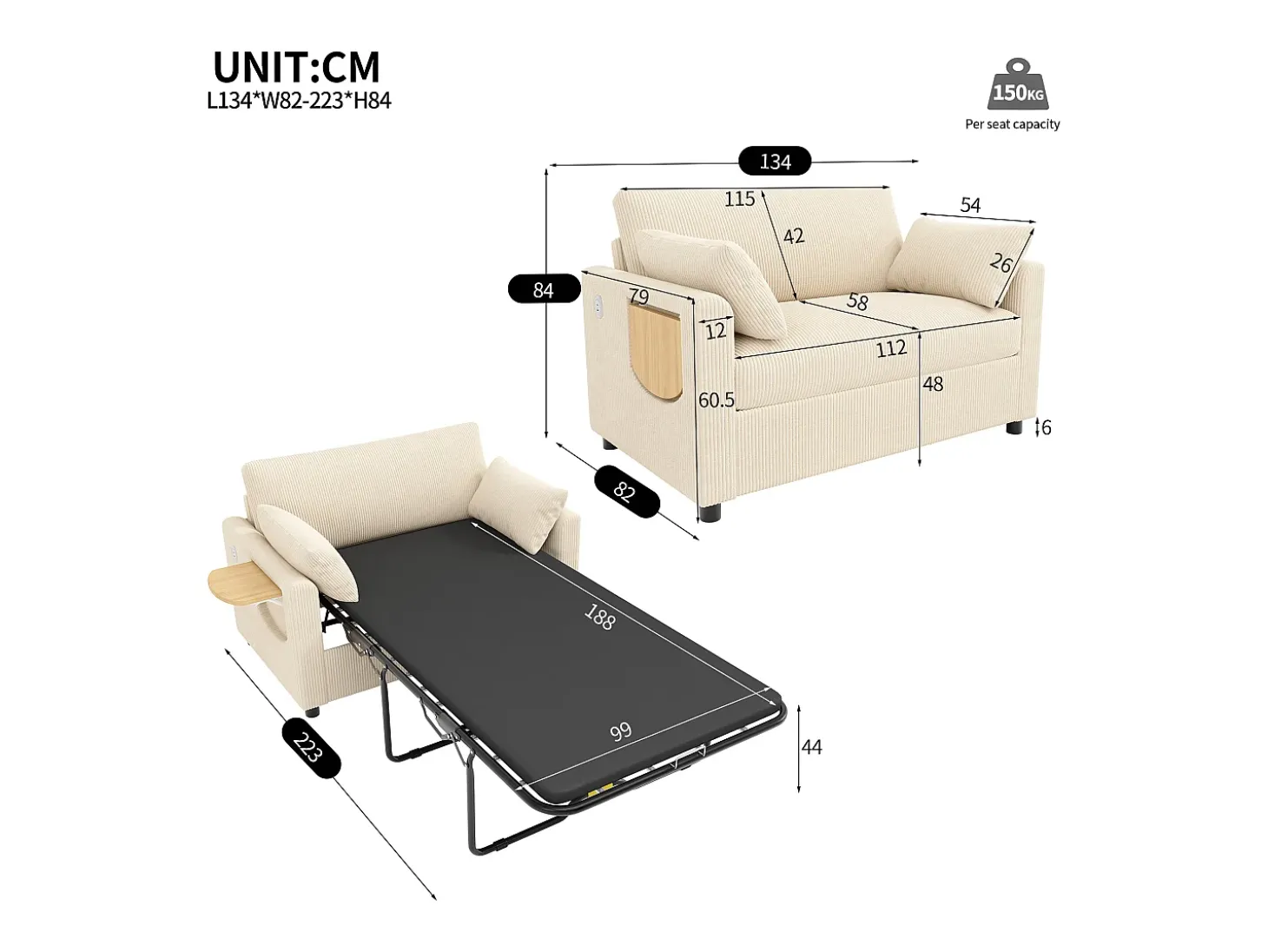 Sofá 2 lugares - con porta USB - con mesinha auxiliar dobrável - con 2 almofadas - veludo canelado - bege