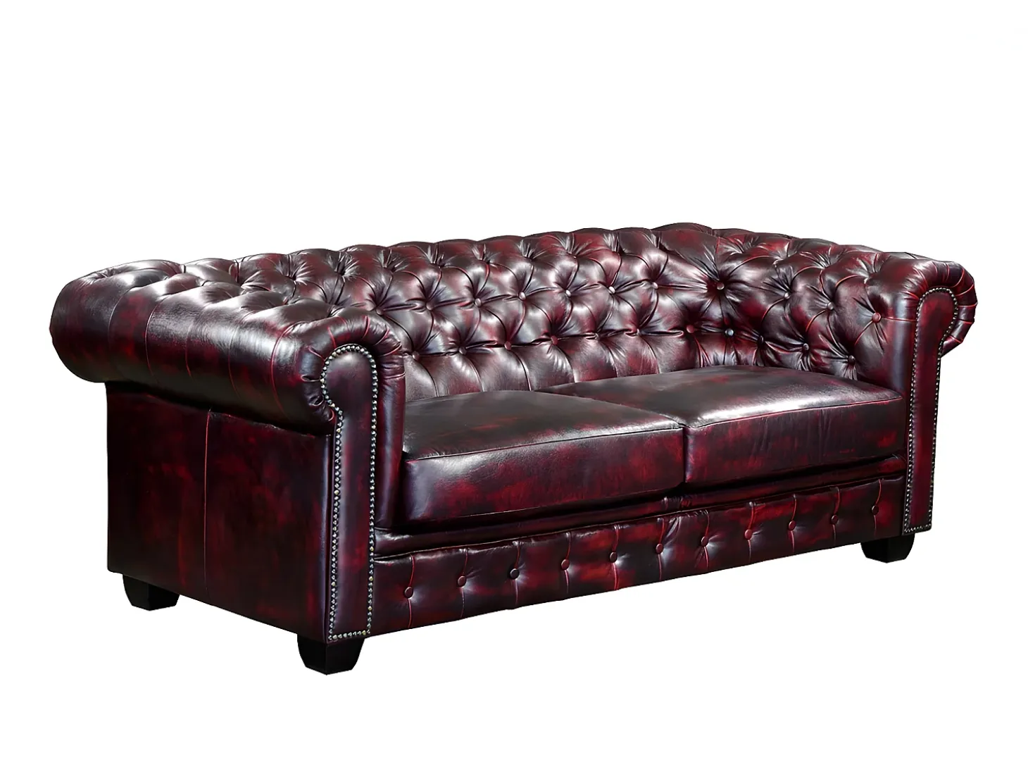 Sofá 3 lugares 100% pele de búfalo Cereja estilo chesterfield - BRENTON