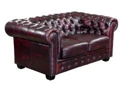 Sofá 2 lugares 100% pele de búfalo Cereja estilo chesterfield - BRENTON