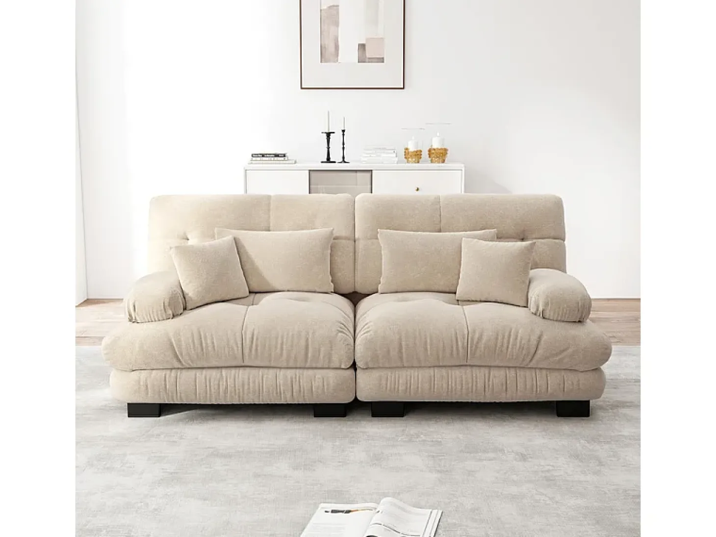 Sofá 2 lugares bege - com 4 almofadas - estrutura madeira maciça + tecido pelúcia - 220x77x81cm