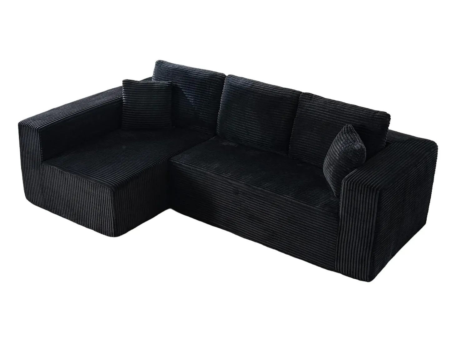 Sofá 3 lugares canto esquerdo modular - Veludo canelado Preto - 2 travesseiros, chaise - 258x155x89cm