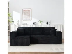 Sofá 3 lugares canto esquerdo modular - Veludo canelado Preto - 2 travesseiros, chaise - 258x155x89cm