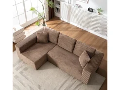 Sofá 3 lugares canto esquerdo modular - Veludo canelado Castanho - 2 travesseiros, chaise - 258x155x89cm