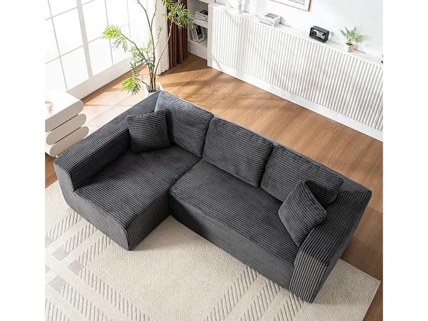Sofá 3 lugares canto esquerdo modular - Veludo canelado Cinzento - 2 travesseiros, chaise - 258x155x89cm