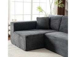 Sofá 3 lugares canto esquerdo modular - Veludo canelado Cinzento - 2 travesseiros, chaise - 258x155x89cm