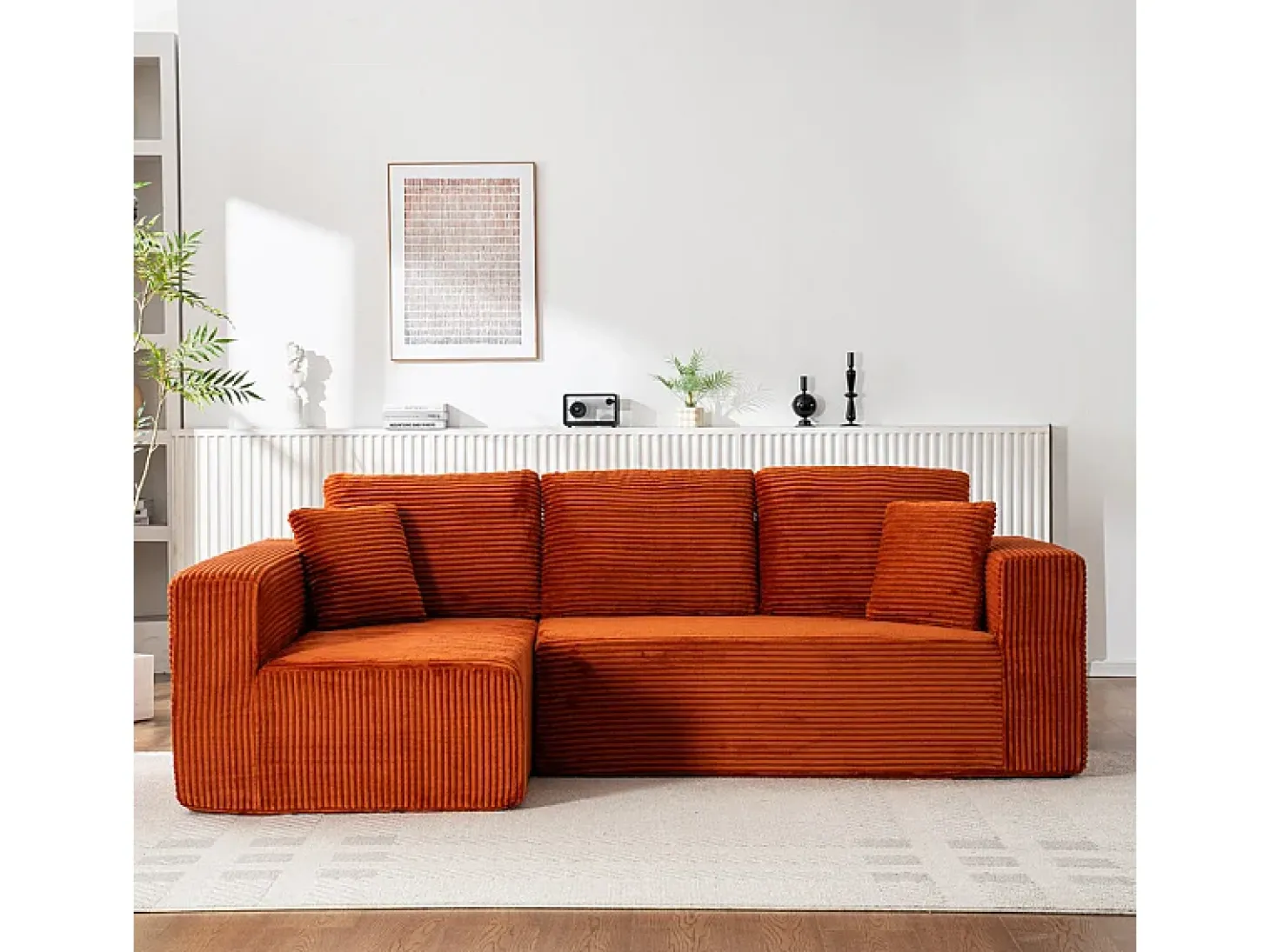 Sofá 3 lugares canto esquerdo modular - Veludo canelado Laranja - 2 travesseiros, chaise - 258x155x89cm