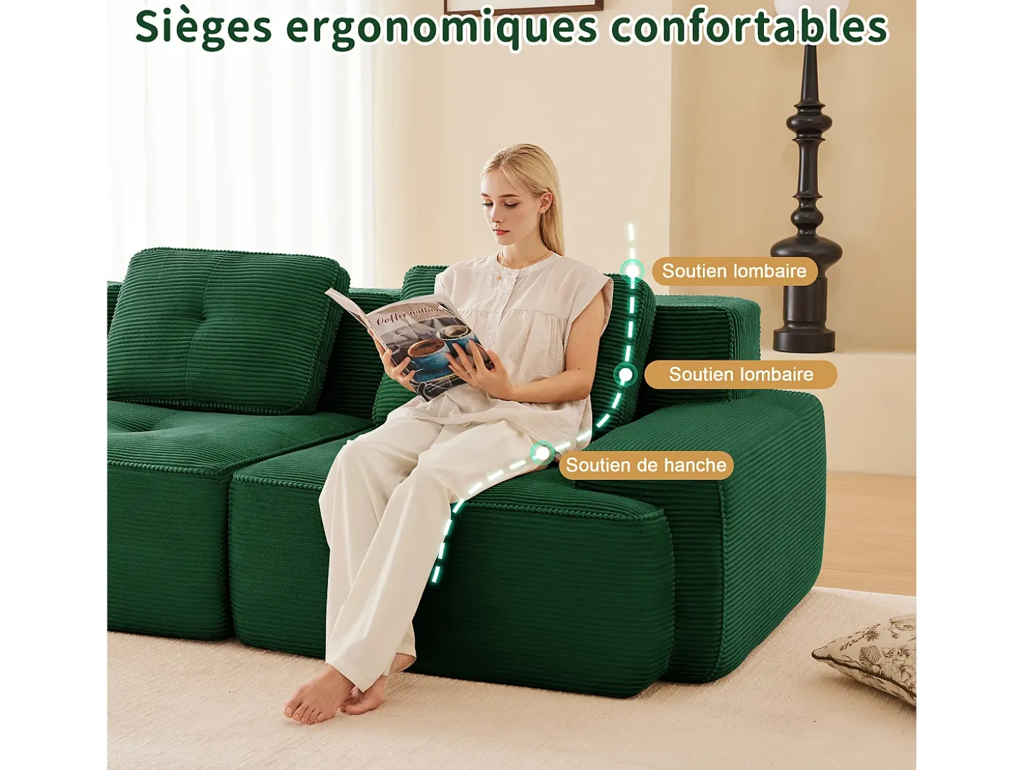 Sofá 3 lugares Canto Modular em Veludo cotelê, com puff e 3 almofadas, 293x177x69cm, Verde