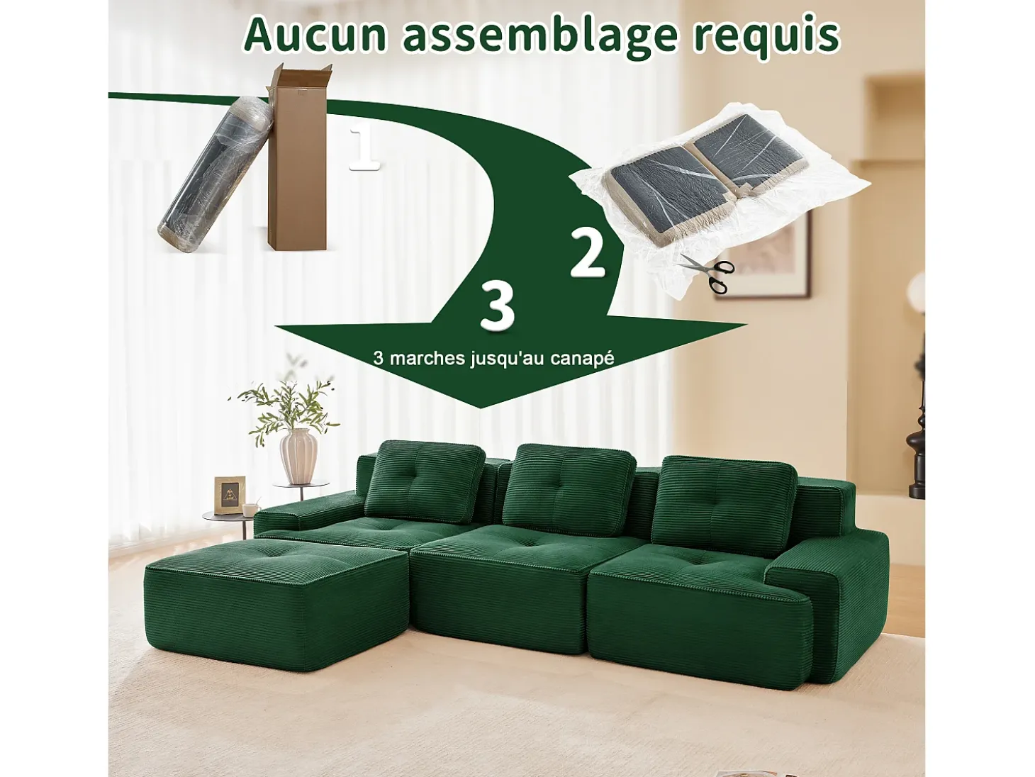 Sofá 3 lugares Canto Modular em Veludo cotelê, com puff e 3 almofadas, 293x177x69cm, Verde