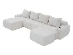 Sofá 4 lugares canto modular veludo canelado, 2 pufes e 4 almofadas, 333x174x80cm, Bege
