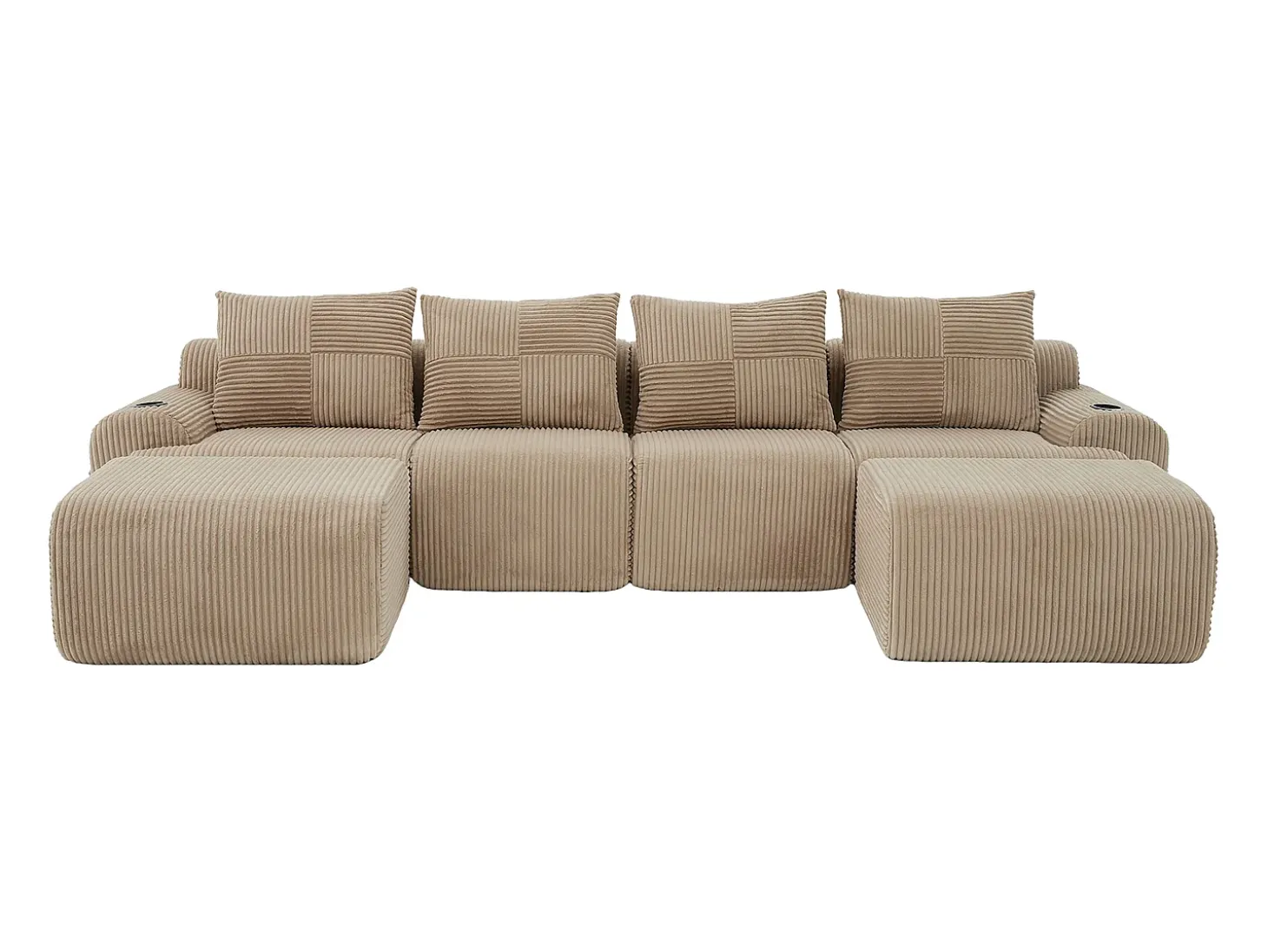 Sofá 4 lugares canto modular veludo canelado, 2 pufes e 4 almofadas, 333x174x80cm, Cáqui