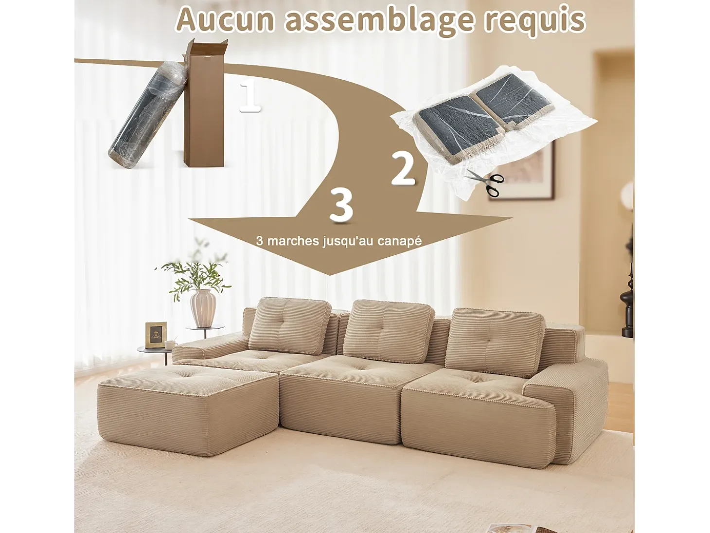 Sofá 3 lugares Canto Modular em Veludo cotelê, com puff e 3 almofadas, 293x177x69cm, Bege