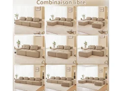 Sofá 3 lugares Canto Modular em Veludo cotelê, com puff e 3 almofadas, 293x177x69cm, Bege