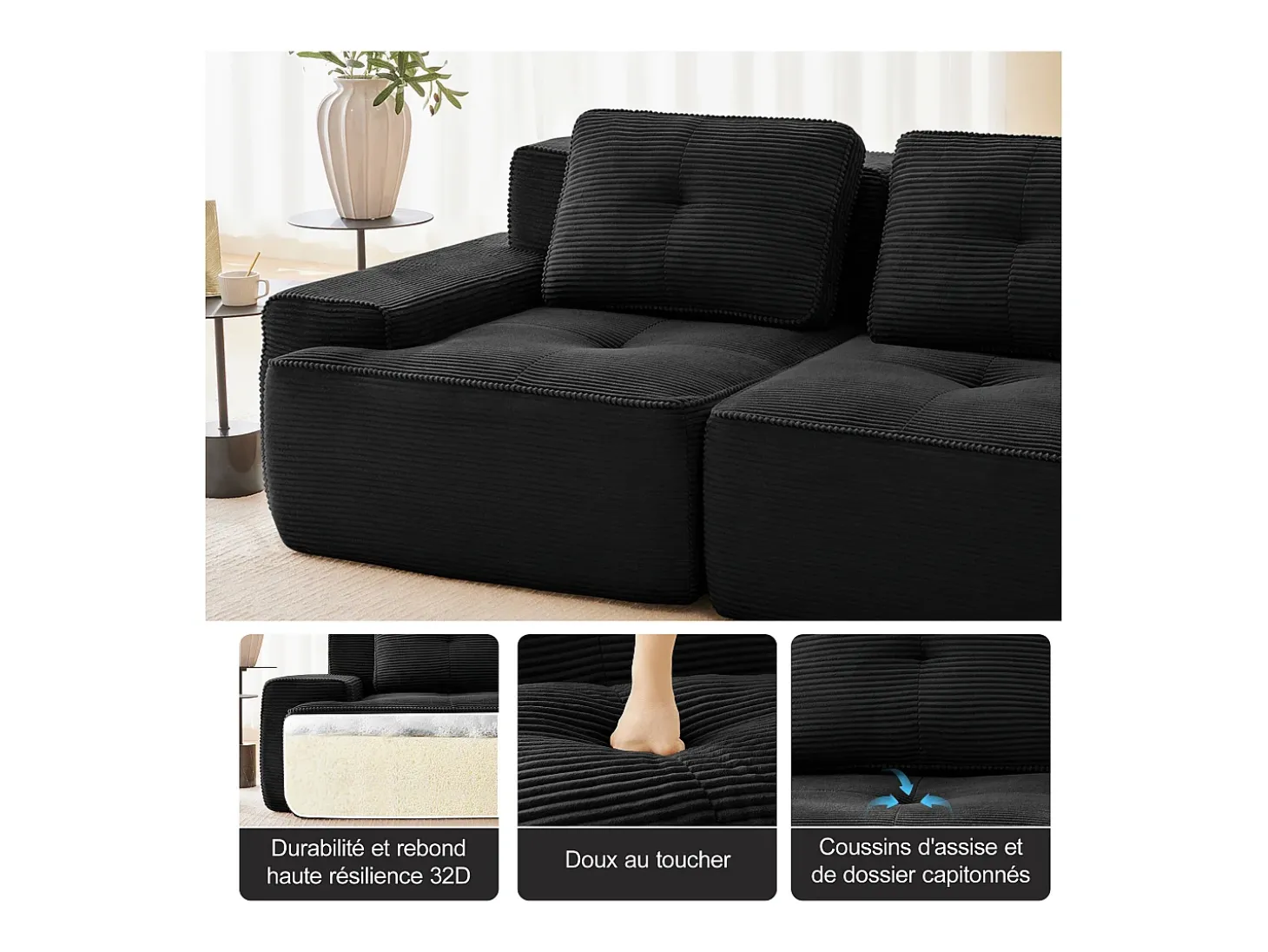 Sofá 4 lugares Canto Modular em Veludo cotelê, com 2 puffs e 4 almofadas, 382x177x69cm, Preto