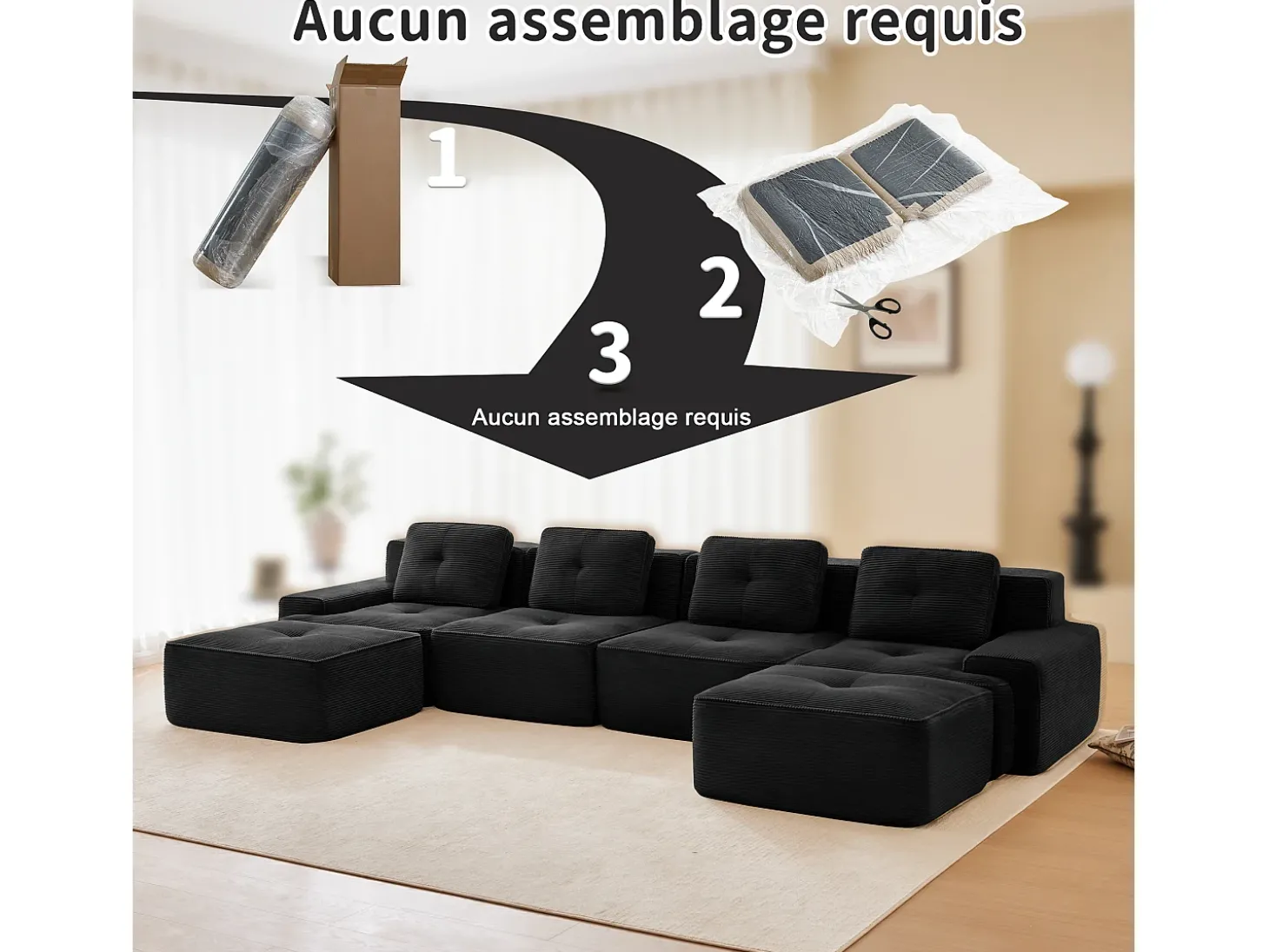 Sofá 4 lugares Canto Modular em Veludo cotelê, com 2 puffs e 4 almofadas, 382x177x69cm, Preto