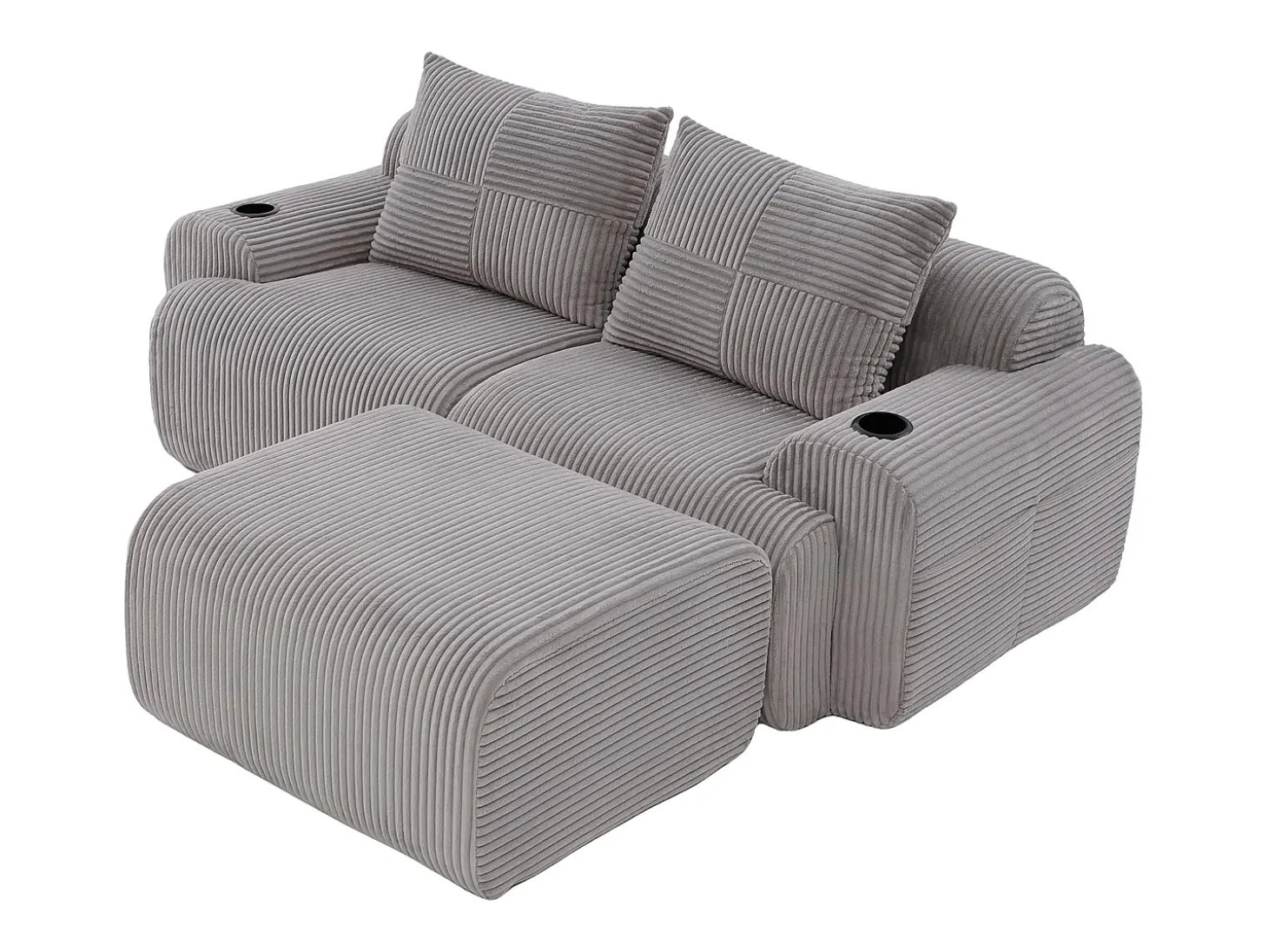 Sofá 2 lugares canto modular veludo canelado, pufe, porta-copos e bolso, 200x174x80cm, Cinzento claro