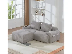 Sofá 2 lugares canto modular veludo canelado, pufe, porta-copos e bolso, 200x174x80cm, Cinzento claro