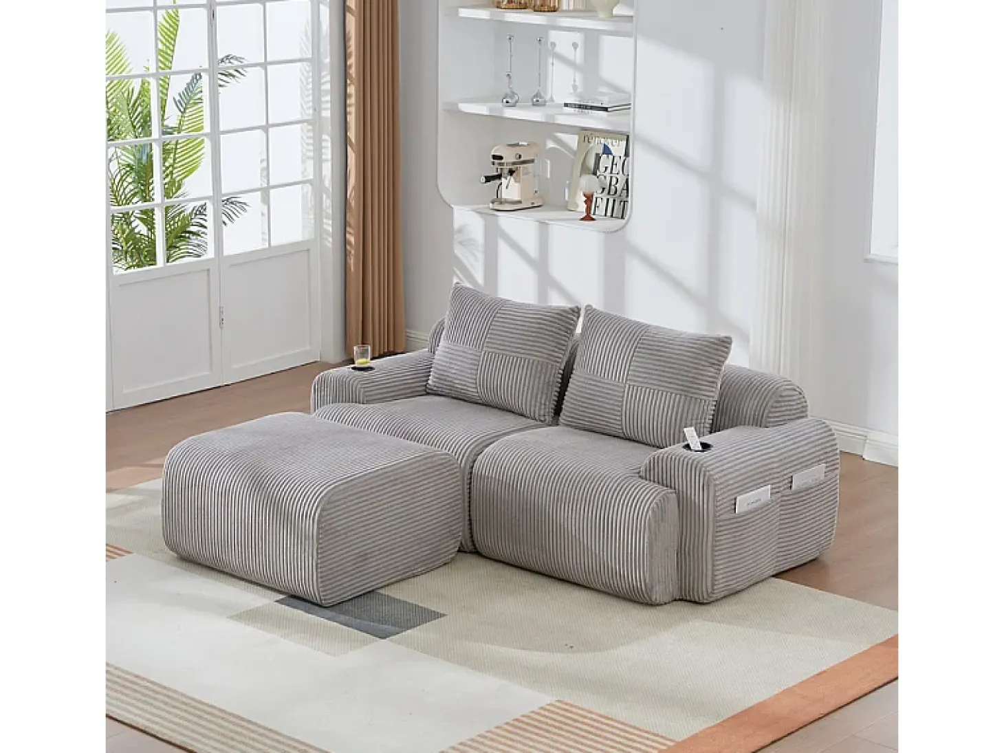 Sofá 2 lugares canto modular veludo canelado, pufe, porta-copos e bolso, 200x174x80cm, Cinzento claro