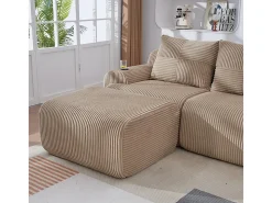 Sofá 3 lugares canto modular veludo canelado, pufe, porta-copos e bolso, 268x174x80cm, Cáqui