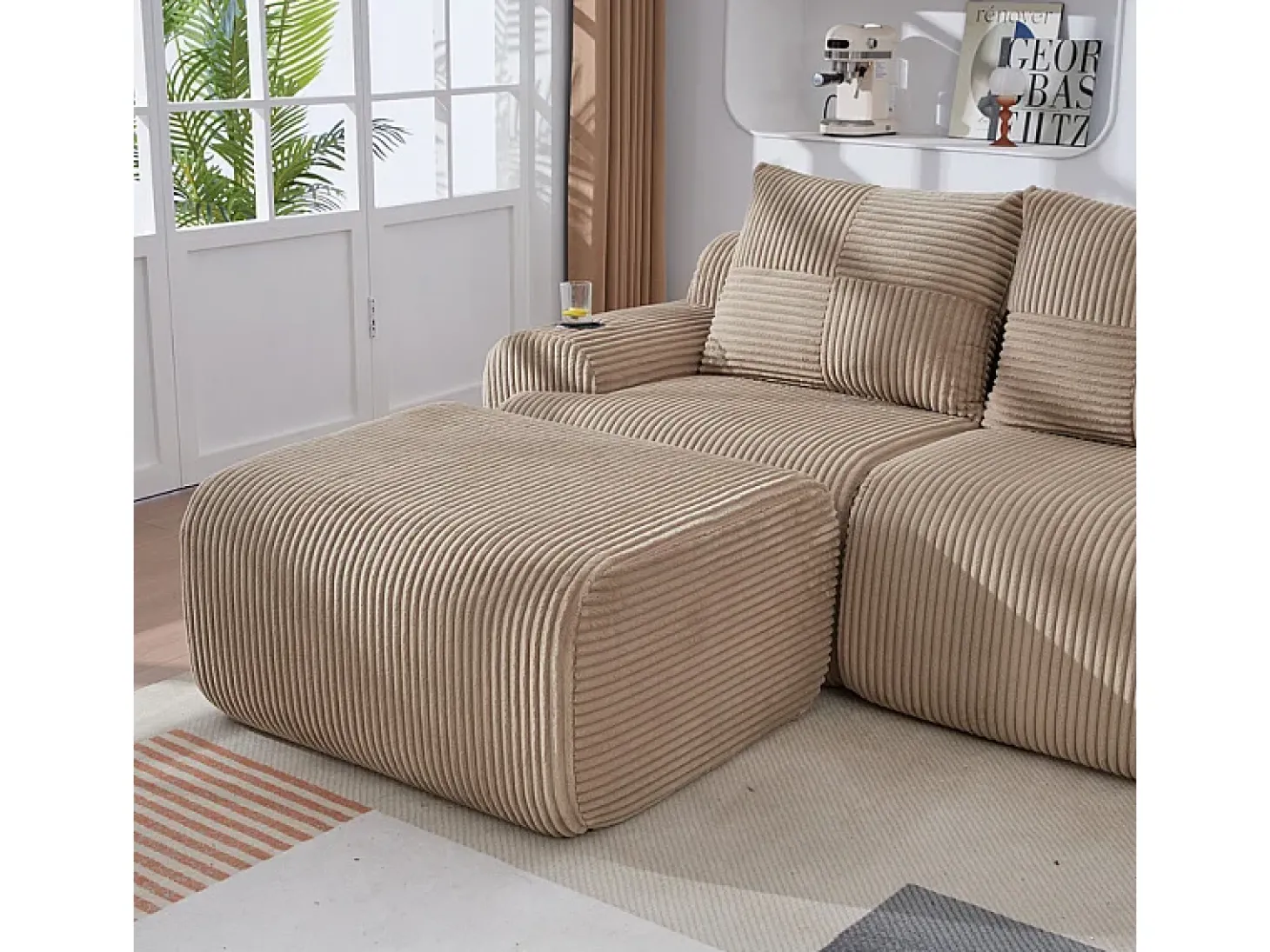 Sofá 3 lugares canto modular veludo canelado, pufe, porta-copos e bolso, 268x174x80cm, Cáqui