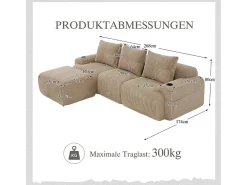 Sofá 3 lugares canto modular veludo canelado, pufe, porta-copos e bolso, 268x174x80cm, Cáqui