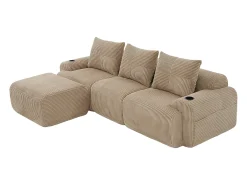 Sofá 3 lugares canto modular veludo canelado, pufe, porta-copos e bolso, 268x174x80cm, Cáqui