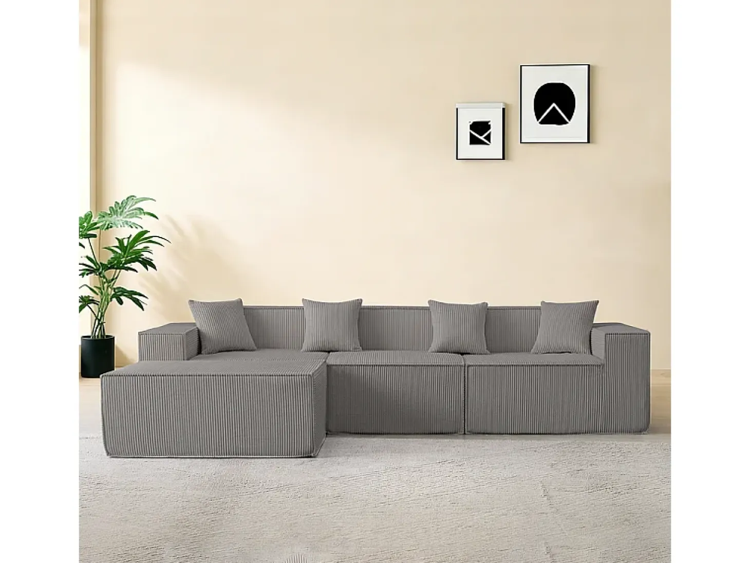 Sofá 3 lugares canto modular - Veludo canelado cinzento - pufe e 4 travesseiros - 277x165.5x65.5cm