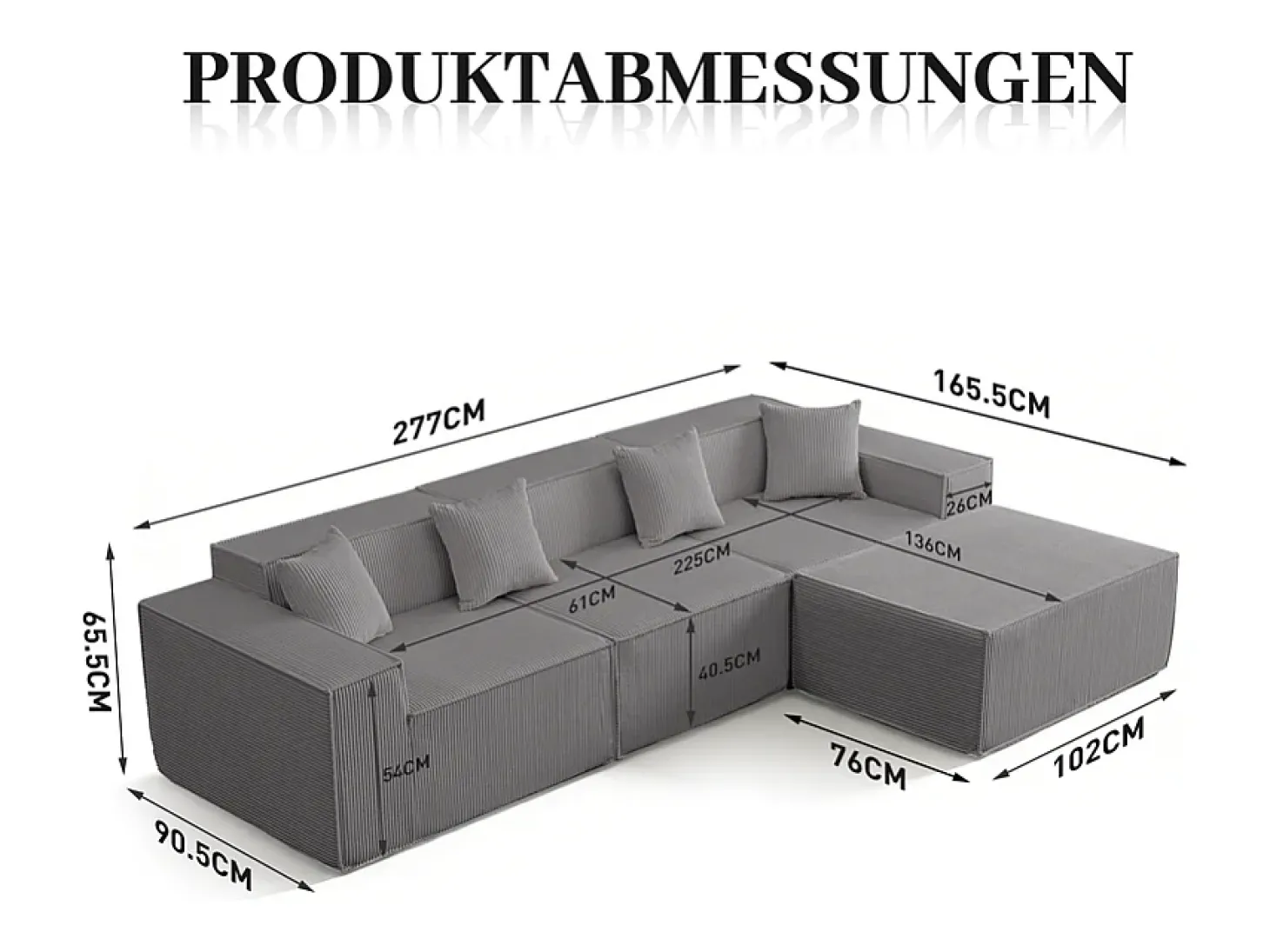 Sofá 3 lugares canto modular - Veludo canelado cinzento - pufe e 4 travesseiros - 277x165.5x65.5cm