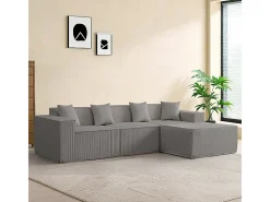 Sofá 3 lugares canto modular - Veludo canelado cinzento - pufe e 4 travesseiros - 277x165.5x65.5cm
