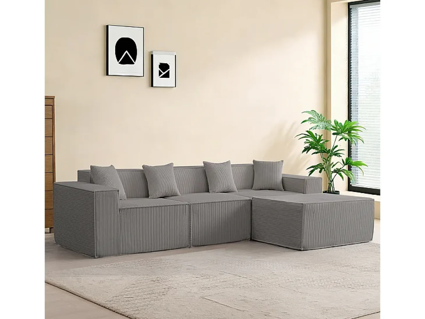 Sofá 3 lugares canto modular - Veludo canelado cinzento - pufe e 4 travesseiros - 277x165.5x65.5cm