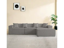 Sofá 3 lugares canto modular - Veludo canelado cinzento - pufe e 4 travesseiros - 277x165.5x65.5cm