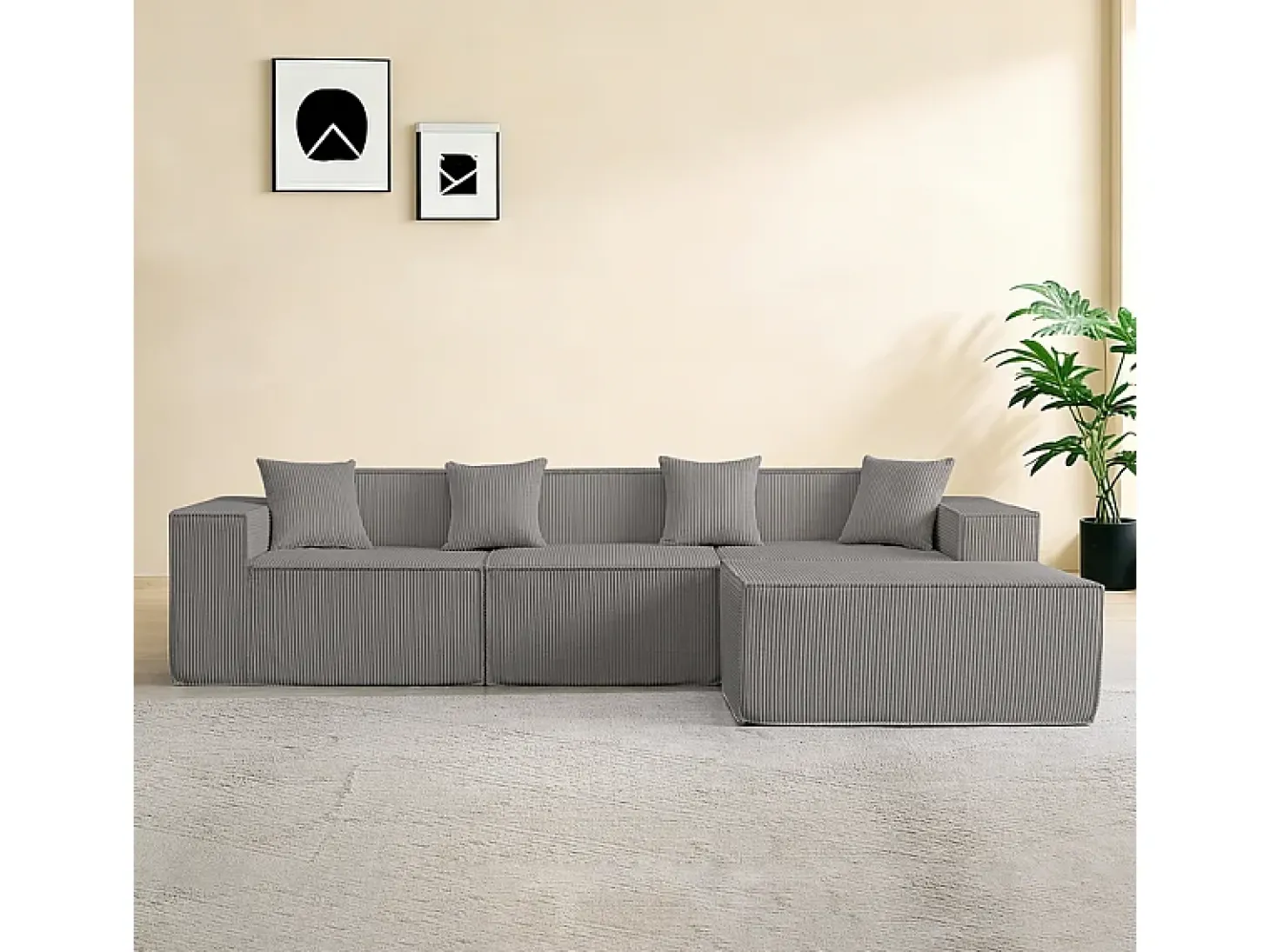Sofá 3 lugares canto modular - Veludo canelado cinzento - pufe e 4 travesseiros - 277x165.5x65.5cm