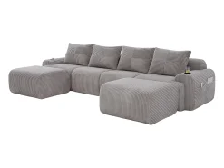 Sofá 4 lugares canto modular veludo canelado, 2 pufes e 4 almofadas, 333x174x80cm, Cinzento claro