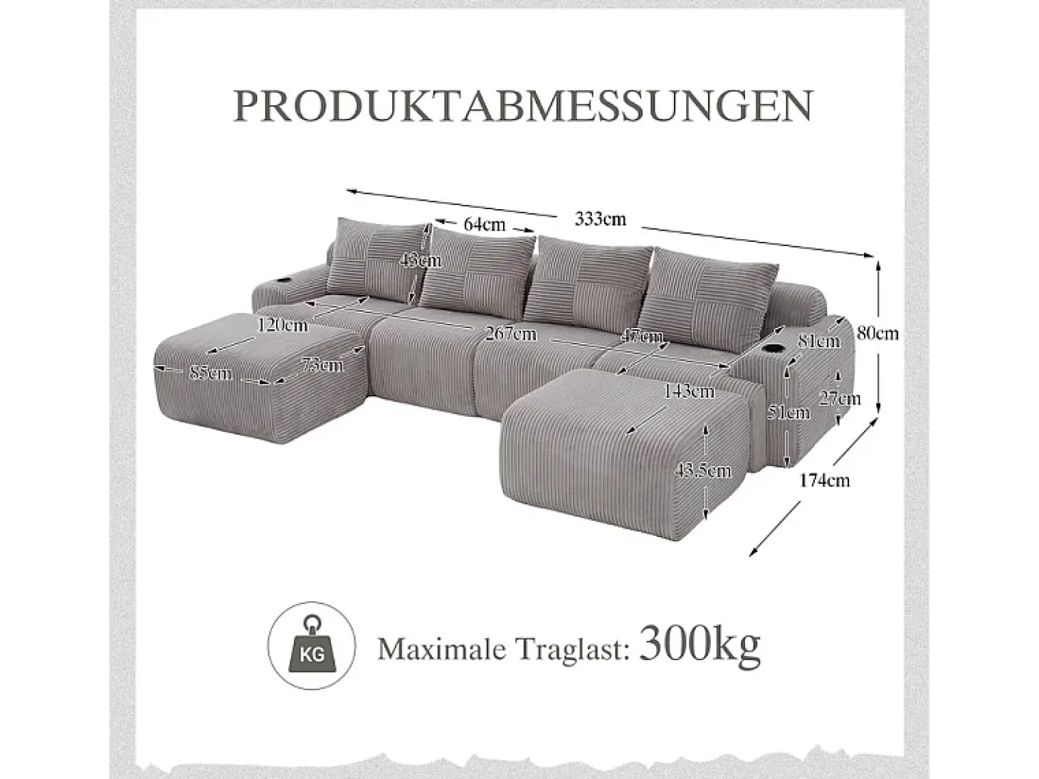 Sofá 4 lugares canto modular veludo canelado, 2 pufes e 4 almofadas, 333x174x80cm, Cinzento claro