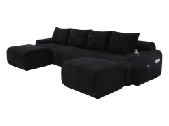 Sofá 4 lugares canto modular veludo canelado, 2 pufes e 4 almofadas, 333x174x80cm, Preto